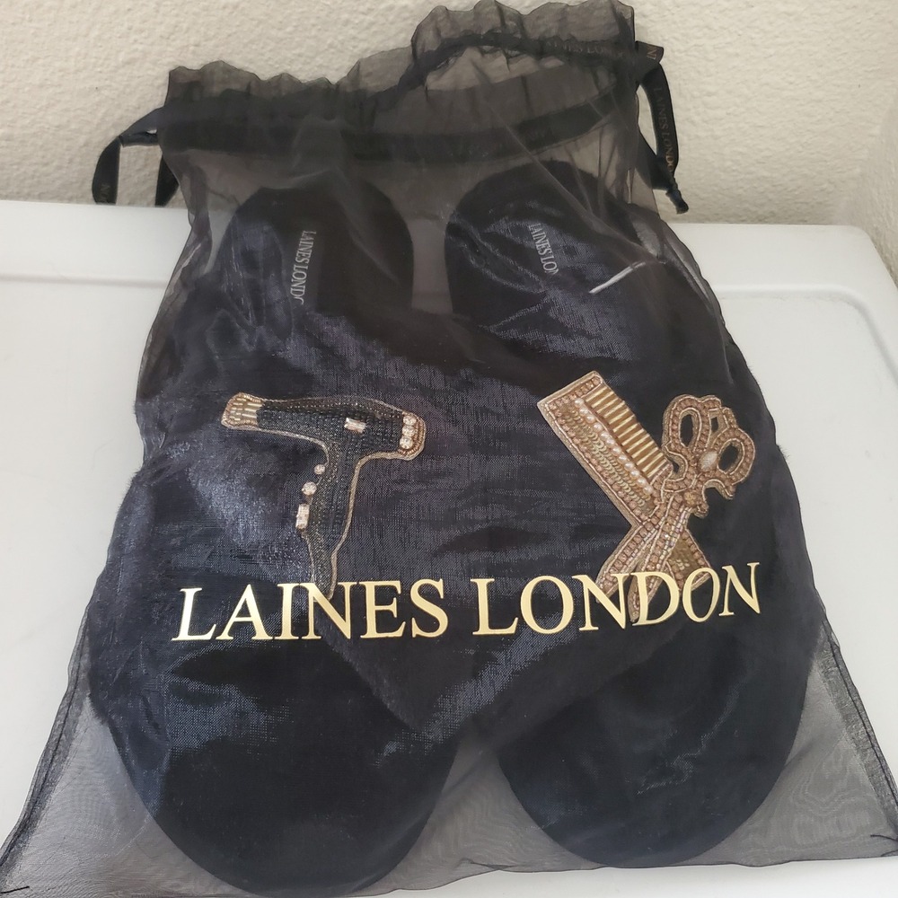 Laines London Black Faux Fur Slippers Hair Stylist Brooch Slides New With Bag